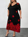 Vestido negro de manga corta con estampado floral de rosa para mujer - Quierox - Tienda Online