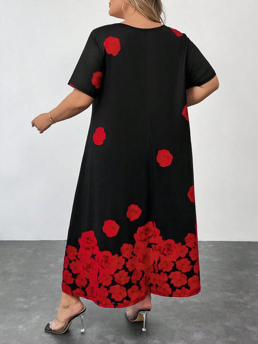 Vestido negro de manga corta con estampado floral de rosa para mujer - Quierox - Tienda Online
