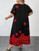Vestido negro de manga corta con estampado floral de rosa para mujer - Quierox - Tienda Online