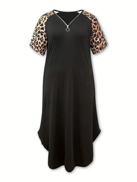 Vestido Plus Size con Estampado de Leopardo y Escote en V - Sin Mangas, Mezcla Elástica de Poliéster - Spandex - Quierox - Tienda Online