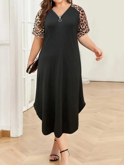 Vestido Plus Size con Estampado de Leopardo y Escote en V - Sin Mangas, Mezcla Elástica de Poliéster - Spandex - Quierox - Tienda Online