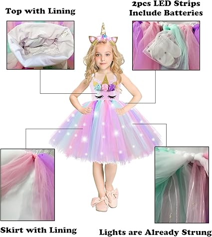 Vestido tutú de unicornio con lentejuelas y luz LED para niñas - Quierox - Tienda Online