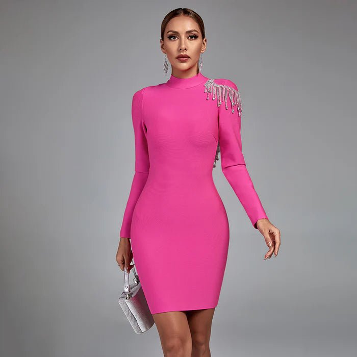 Vestido vendaje sin espalda con flecos de pedrería - Quierox - Tienda Online