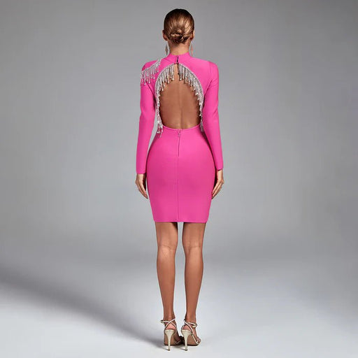 Vestido vendaje sin espalda con flecos de pedrería - Quierox - Tienda Online