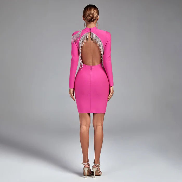 Vestido vendaje sin espalda con flecos de pedrería - Quierox - Tienda Online
