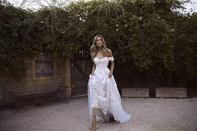 Vestidos de novia con apliques de encaje y hombros descubiertos para mujer, con cola - Quierox - Tienda Online