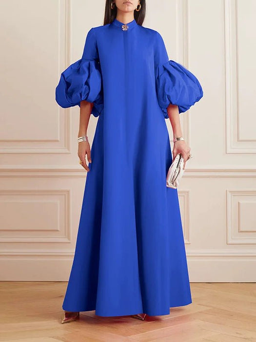 Vestidos largos sueltos con mangas farol y cuello alto en color liso con forma de flor - Quierox - Tienda Online