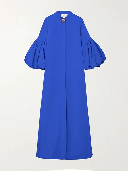 Vestidos largos sueltos con mangas farol y cuello alto en color liso con forma de flor - Quierox - Tienda Online