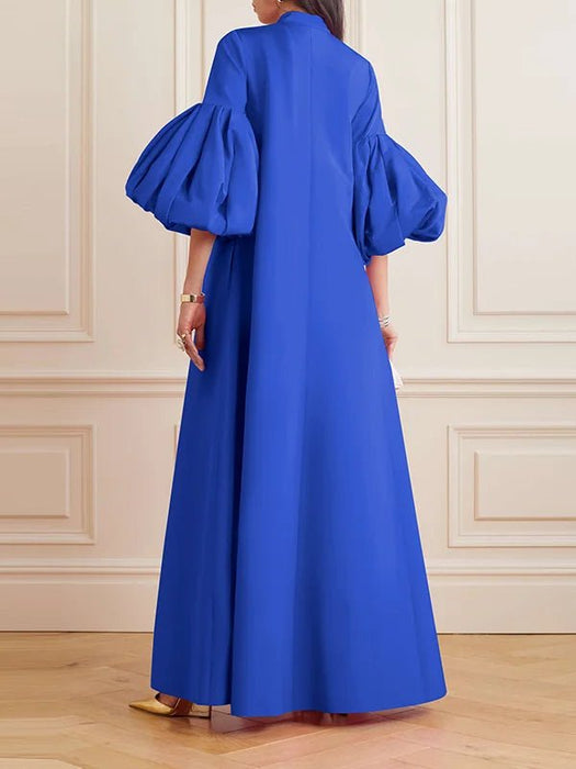 Vestidos largos sueltos con mangas farol y cuello alto en color liso con forma de flor - Quierox - Tienda Online