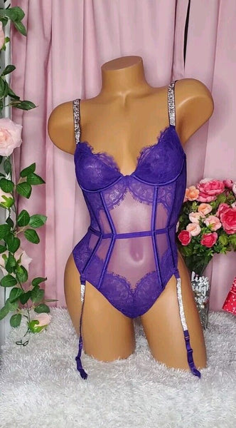 Victoria Secret Lencería Body Púrpura con Brillo, Liguero