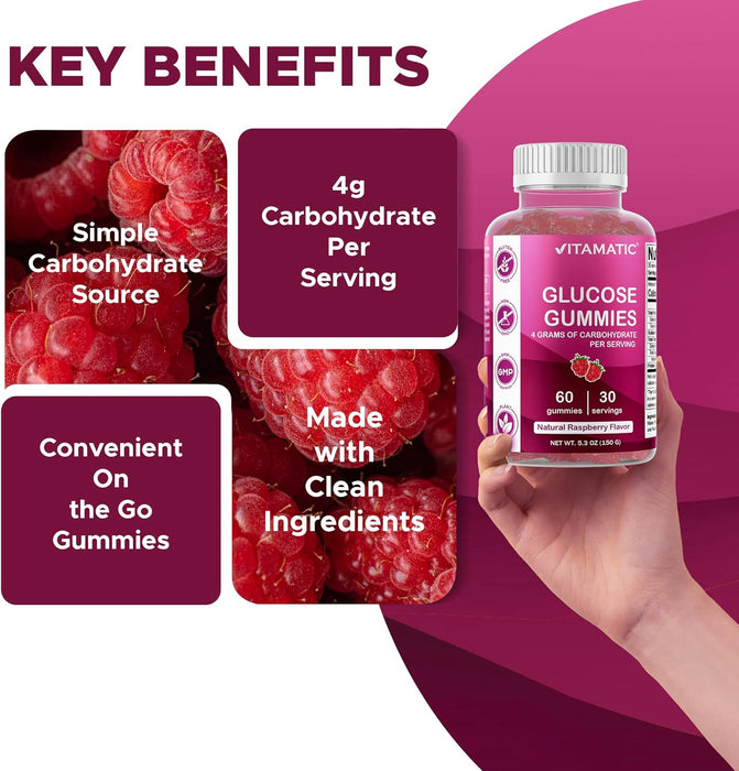 Vitamatic Gomitas masticables de glucosa, 60 unidades, sabor natural a frambuesa, 0.14 oz - Quierox - Tienda Online