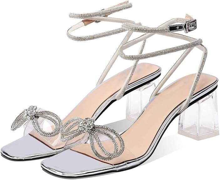 XINIUNIU Sandalias de tacón con lazo transparente para mujer, con diamantes de imitación - Quierox - Tienda Online