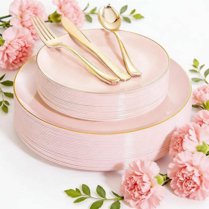 YOUBET 125 platos de plástico rosa - Platos desechables rosas con borde dorado - Quierox - Tienda Online