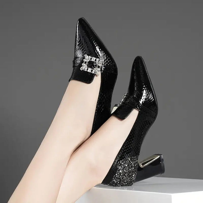 Zapatos de tacón grueso casuales con hebilla de pedrería para mujer, con patrón de lentejuelas - Quierox - Tienda Online