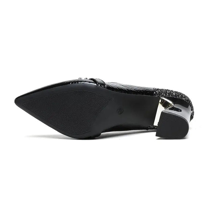 Zapatos de tacón grueso casuales con hebilla de pedrería para mujer, con patrón de lentejuelas - Quierox - Tienda Online