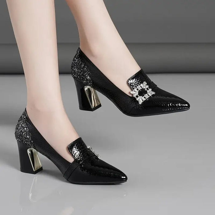 Zapatos de tacón grueso casuales con hebilla de pedrería para mujer, con patrón de lentejuelas - Quierox - Tienda Online