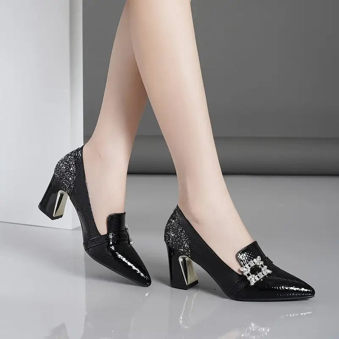 Zapatos de tacón grueso casuales con hebilla de pedrería para mujer, con patrón de lentejuelas - Quierox - Tienda Online