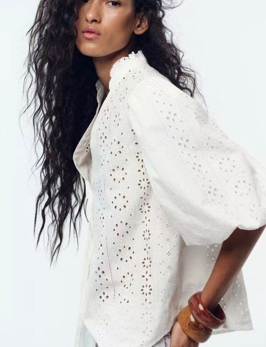 ZARA Camisa con bordado perforado y mangas abullonadas - Quierox - Tienda Online