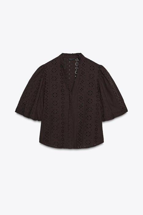 ZARA Camisa con bordado perforado y mangas abullonadas - Quierox - Tienda Online
