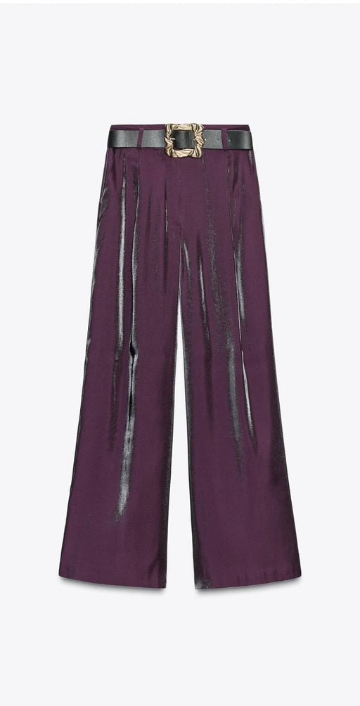 ZARA Pantalón de satén de piernas ancha con cinturón - Quierox - Tienda Online