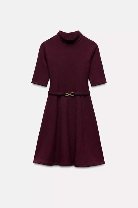 Zara Vestido corto burdeos con cinturón - Quierox - Tienda Online