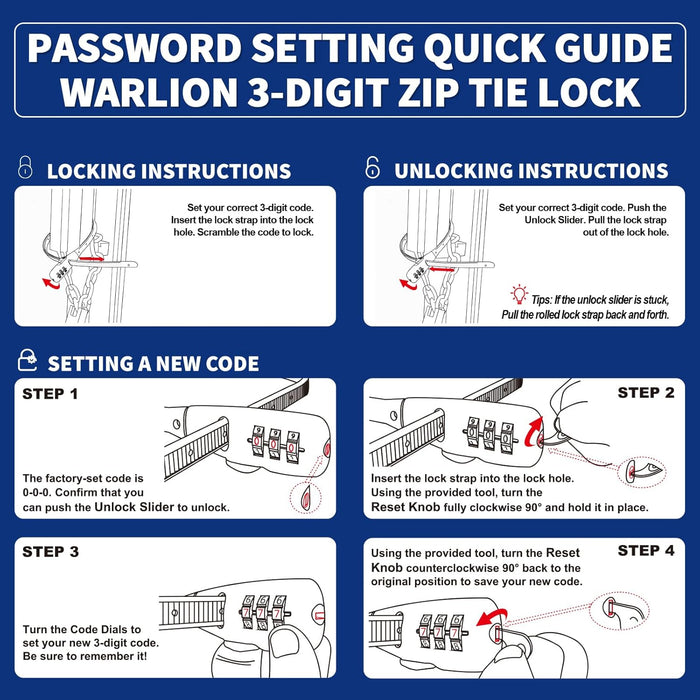 Zip Tie Lock - Candado con cable ajustable de 3 dígitos para portabicicletas (paquete de 4) - Quierox - Tienda Online