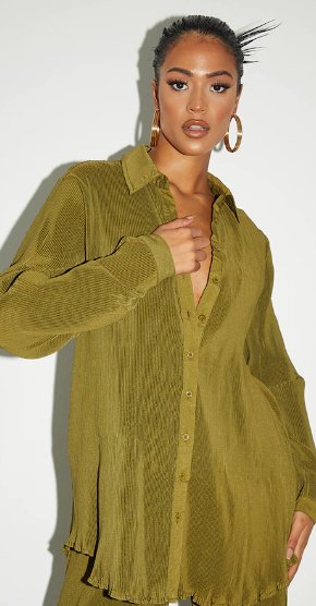 Camisa Extragrande Con Detalle De Puños Y Plisado En Verde Oliva De Tall - Quierox - Tienda Online