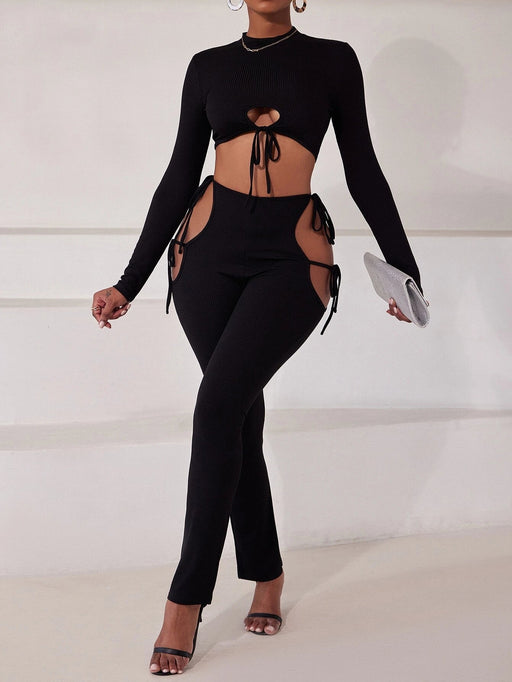 Conjunto de top corto con cuello simulado y pantalones laterales con nudo - Quierox - Tienda Online