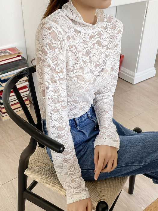 DAZY Camiseta cuello alzado con encaje floral - Quierox - Tienda Online