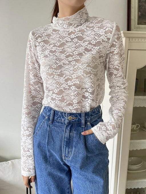 DAZY Camiseta cuello alzado con encaje floral - Quierox - Tienda Online