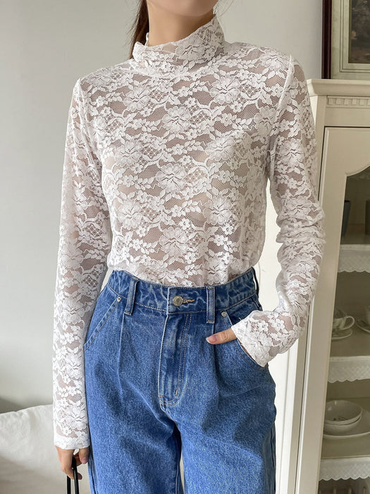 DAZY Camiseta cuello alzado con encaje floral - Quierox - Tienda Online