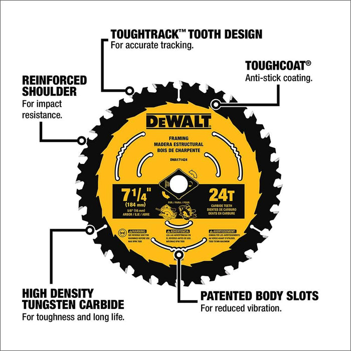 DEWALT - Hoja de sierra circular, 7 1/4 pulgadas, 24 dientes, para cortar madera - Quierox - Tienda Online