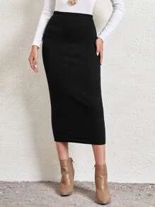 EMERY ROSE Falda tejida de canalé con cintura alta - Quierox - Tienda Online