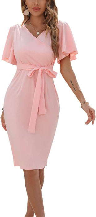 FASHION MIA Vestido de tubo rosa con cuello en V y cintura con lazo - Quierox - Tienda Online