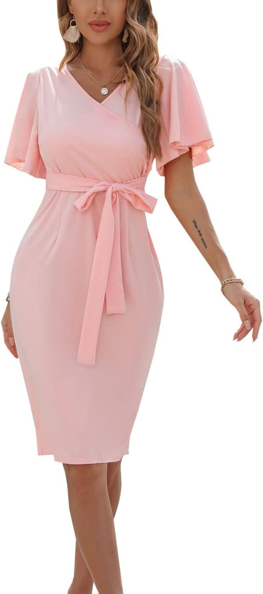 FASHION MIA Vestido de tubo rosa con cuello en V y cintura con lazo - Quierox - Tienda Online