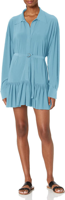 Norma Kamali Womens Oversized Boyfriend Nk Shirt W/Ruffle Bottom - Quierox - Tienda Online