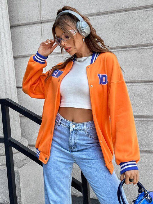 ROMWE Chaqueta varsity de hombros caídos con ribete de rayas y gráfico de letras - Quierox - Tienda Online