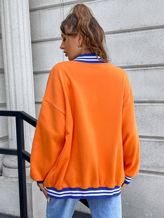 ROMWE Chaqueta varsity de hombros caídos con ribete de rayas y gráfico de letras - Quierox - Tienda Online