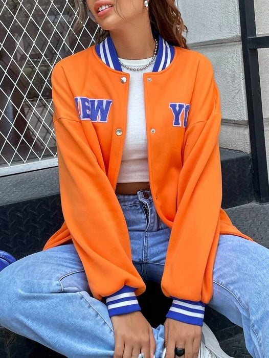 ROMWE Chaqueta varsity de hombros caídos con ribete de rayas y gráfico de letras - Quierox - Tienda Online