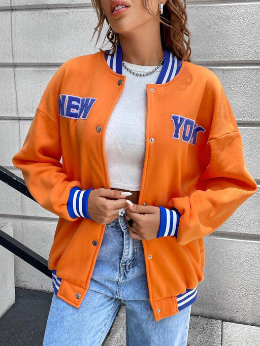 ROMWE Chaqueta varsity de hombros caídos con ribete de rayas y gráfico de letras - Quierox - Tienda Online