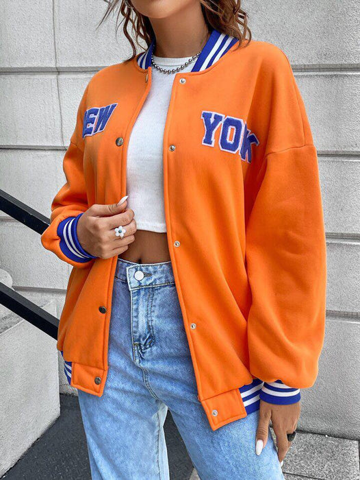 ROMWE Chaqueta varsity de hombros caídos con ribete de rayas y gráfico de letras - Quierox - Tienda Online