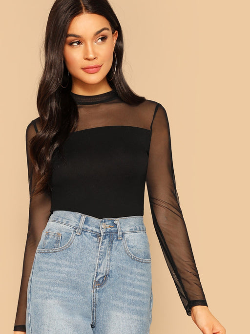 SHEIN BAE Top de hombros de malla de cuello alto - Quierox - Tienda Online