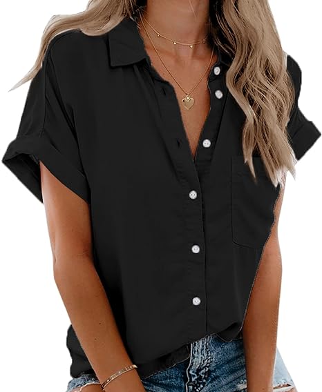 SHEIN Camisas de manga corta para mujer, con cuello en V, botones y bolsillos - Quierox - Tienda Online