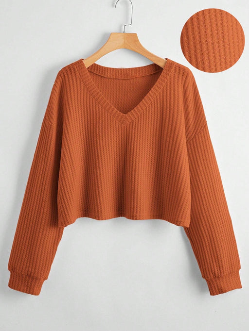 SHEIN Camiseta tejido tipo waffle con cuello en V unicolor Essnce Plus - Quierox - Tienda Online