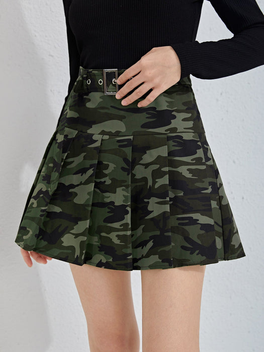 SHEIN Chicas adolescentes Falda de camuflaje plisada con cinturón con hebilla - Quierox - Tienda Online