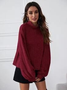 SHEIN Essnce Top tejido de canalé de manga farol de cuello embudo - Quierox - Tienda Online