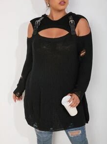 SHEIN LUNE Jersey de hombros descubiertos con abertura desgarro con capucha - Quierox - Tienda Online