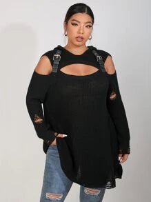 SHEIN LUNE Jersey de hombros descubiertos con abertura desgarro con capucha - Quierox - Tienda Online