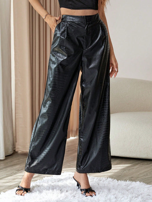 SHEIN Privé Pantalones de pierna ancha de talle alto cuero PU - Quierox - Tienda Online