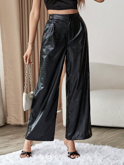 SHEIN Privé Pantalones de pierna ancha de talle alto cuero PU - Quierox - Tienda Online